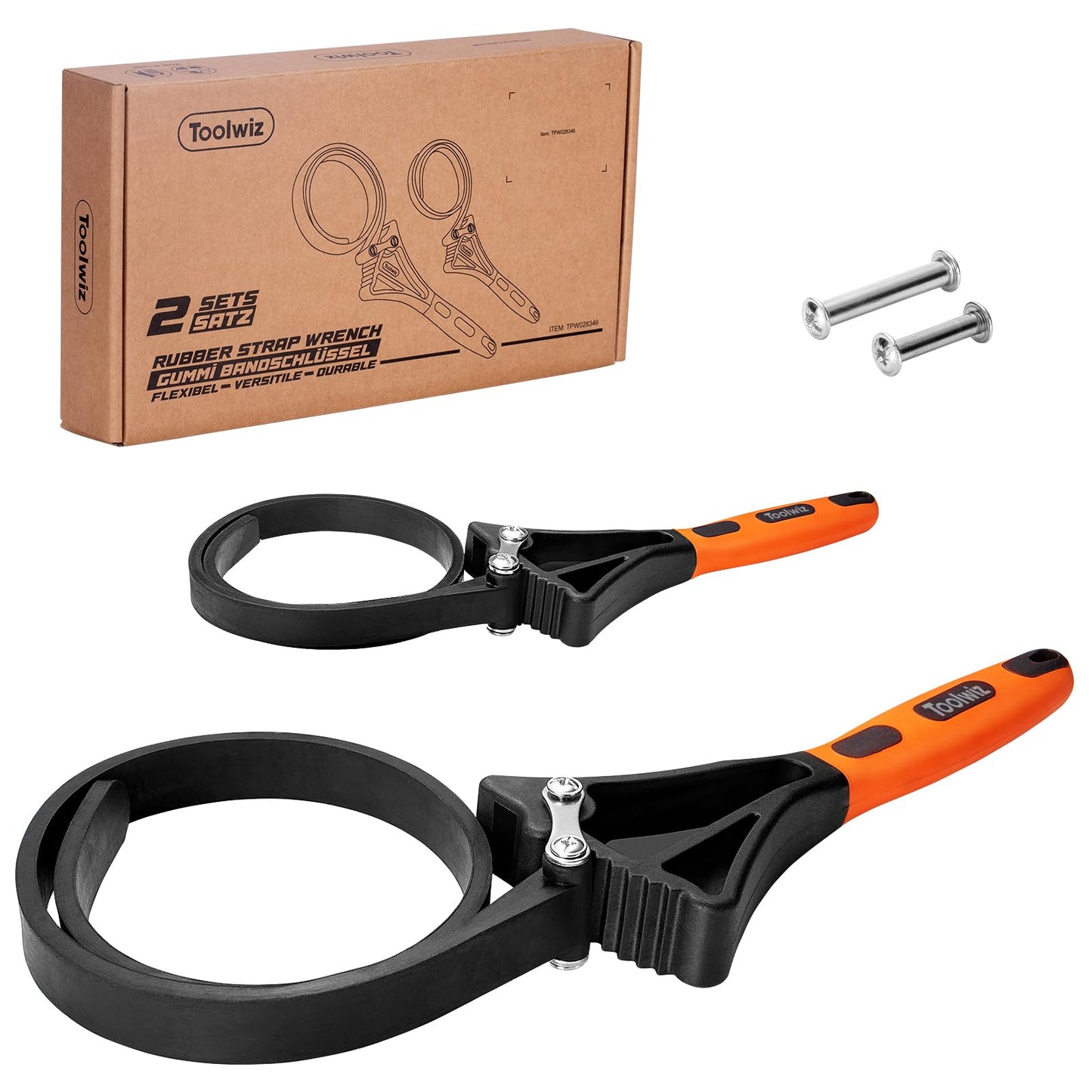 Toolwiz band wrench set, 2-piece oil filter wrench set, universal rubber band wrench for glass opening, pipe wrench, plumbing - Orange