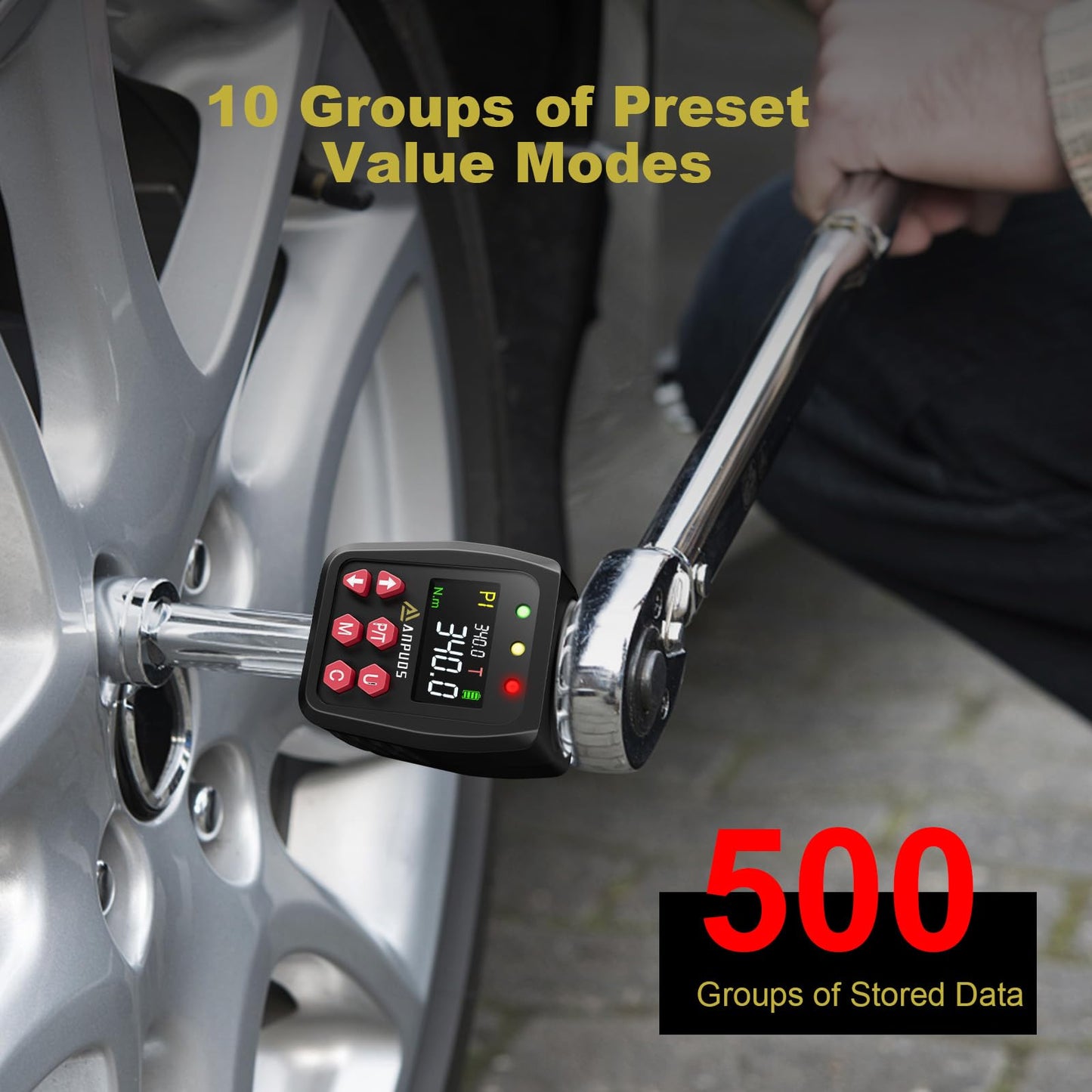 ANPUDS Digital Torque Adapter, 1/2 Inch 17-340Nm Torque Adapter Set with Preset, Storage, Buzzer, LCD Display, ± 1% Error Accuracy, 1/4" 3/8" Adapter for Car, Motorcycle