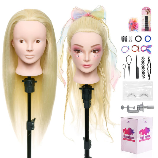 24 inch hairdressing head with 50% real hair. Ideal for practicing hair styling techniques, perfect for hairdressing students. Comes with stand and DIY hair set. Great for training hairstylists.