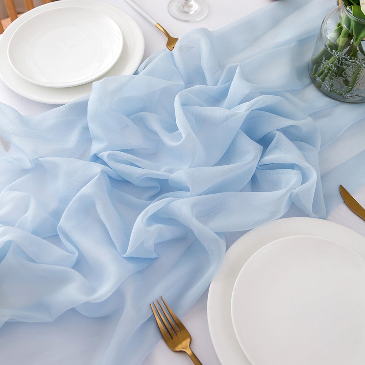 CHUQING Light Blue Chiffon Table Runner Blue Chiffon Fabric Transverse Curtain Decoration Fabric 4m x 70 cm Blue Runner Table
