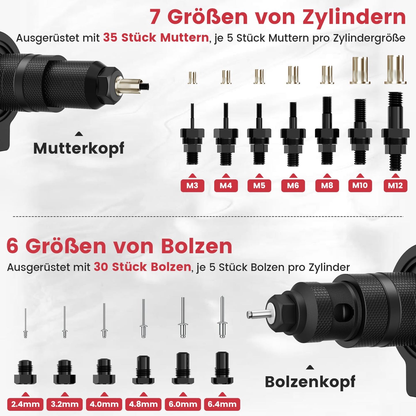 Beaspire 2 In 1 Rivet Nut Gun Attachment Rivet Gun for Cordless Drill & Drill, Electric Rivet Nut Tool Set for 2.4-6.4 mm Rivets, Rivet Nut Gun Set for M3-M12 Nuts