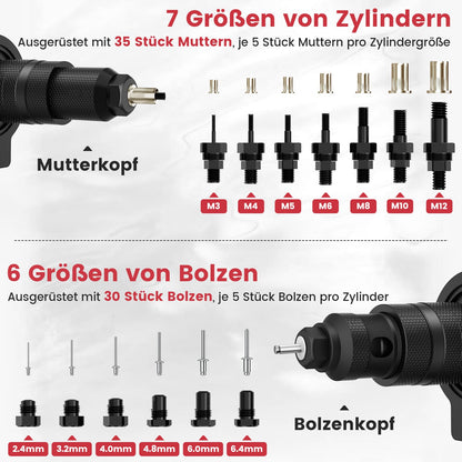 Beaspire 2 In 1 Rivet Nut Gun Attachment Rivet Gun for Cordless Drill & Drill, Electric Rivet Nut Tool Set for 2.4-6.4 mm Rivets, Rivet Nut Gun Set for M3-M12 Nuts
