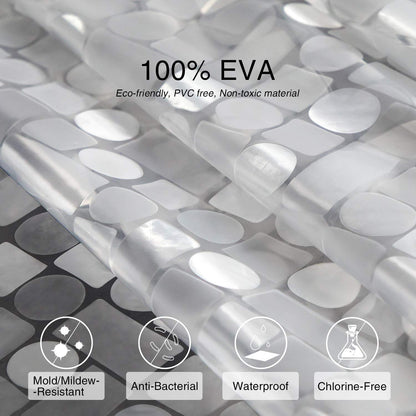 WELTRXE shower curtain with bottom weight magnets, transparent geometric design, made of waterproof and antibacterial Eva material. Size: 183*200cm, comes with 12 curtain rings. Ideal for shower and bathtub.