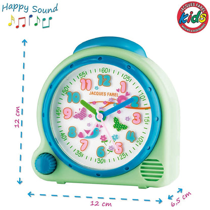 JACQUES FAREL HappySound Children's Alarm Clock Sound Alarm Light Green Mint with Melody Birdsong in the Forest, Volume Control Analog Quartz Light AVC 16FOREST