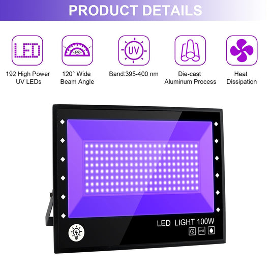 BOSITE LED Blacklight Spotlight, 100W UV Party Light, Blacklight with Cable Floodlight IP66 Waterproof Lamp for Halloween, Aquarium, Concert, Party, Bar, Neon Colors.