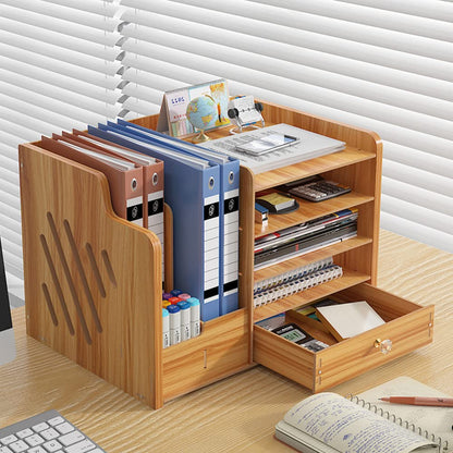 NUODWELL Wooden Desk Organizer, large capacity, Desk File Organizer, office supplies, file shelf for A4 papers, pens, books, letters, and documents (JB07-3 Cherry Wood)