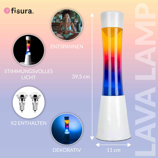 FISURA - Multicolored lava lamp. White base and glass with multicolored gradient effect. Lamp for relaxation. Comes with spare bulb. 11 cm x 11 cm x 39.5 cm.