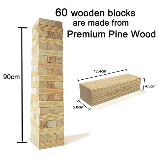 Jac & Mok Giant Tumble Tower game made of pine wood. Includes 60 building blocks and a carrying bag for outdoor fun.