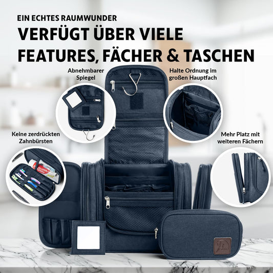 Obics culture bag for men & women big blue 8L XL - toiletry bag for hanging & with mirror - cosmetic bag with handle hanging - large beauty case - wash bag with 10 compartments for camping trips