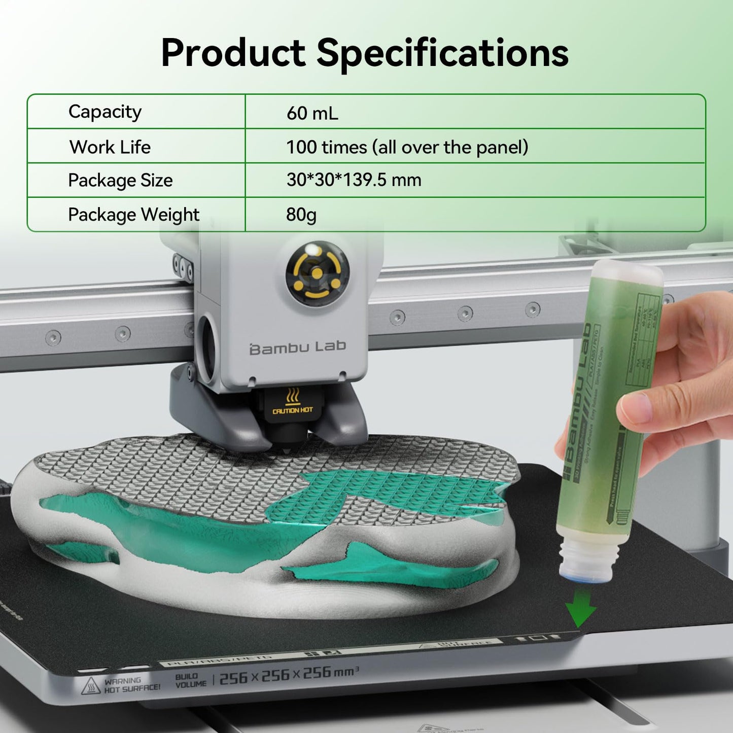 3D printer build plate adhesive compatible with Bambulab A1/A1 Mini/P1/X1 3D printers. Strong adhesive for heatbed PEI steel plate. Adheres PLA/ABS/PETG/PC/PA/TPU filaments. 60ML.
