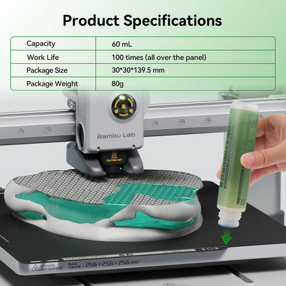 3D printer build plate adhesive compatible with Bambulab A1/A1 Mini/P1/X1 3D printers. Strong adhesive for heatbed PEI steel plate. Adheres PLA/ABS/PETG/PC/PA/TPU filaments. 60ML.