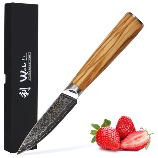 Wakoli Oribu Vegetable Knife Paring Knife Fruit Knife I 8.5 cm blade made of 67 layers of Damascus steel with AUS10 core I Olive wood handle I Sharp kitchen knife for vegetables, fruits & herbs I Gift box
