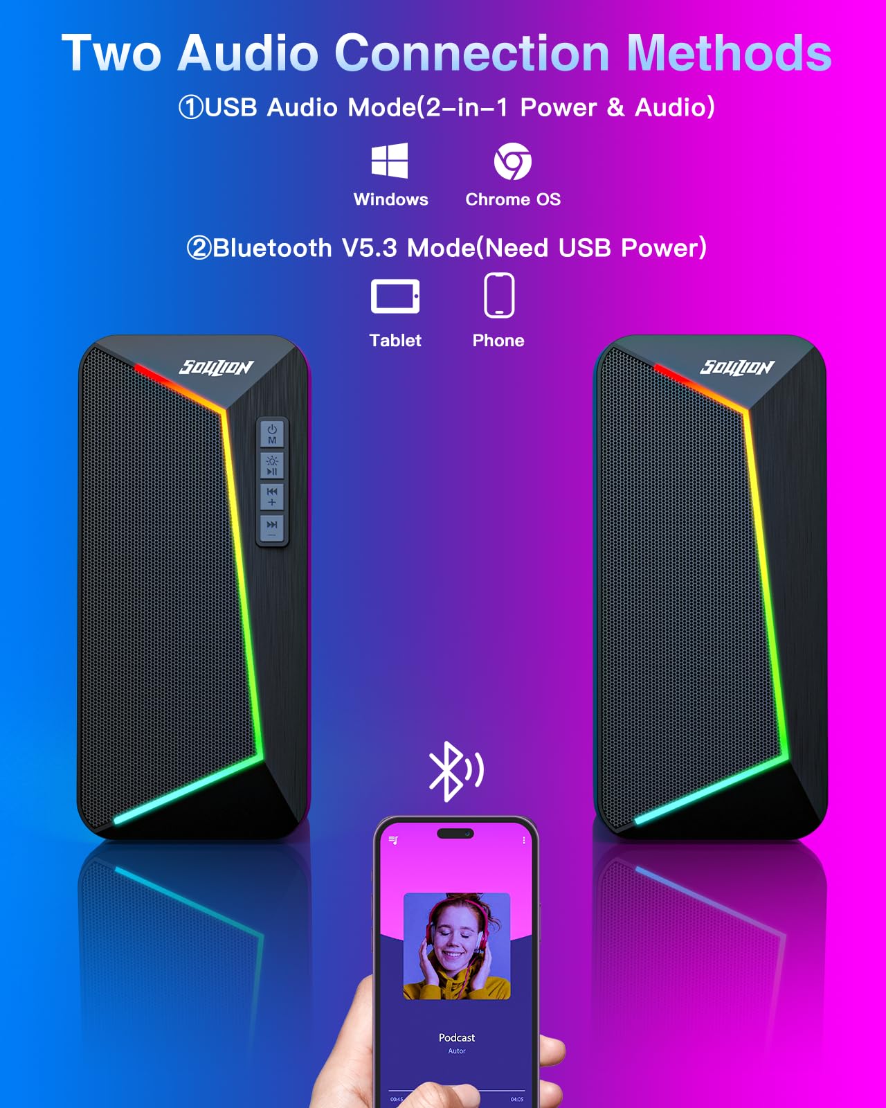 SOULION R40 Computer Speakers, 2.0 USB-powered, Lighting for PC with volume control button, Bluetooth 5.3, Surround Sound for Laptop, Tablets, Smartphone