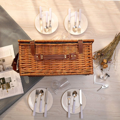 Willow picnic hamper for 4 with insulated cooler and waterproof blanket. Includes utensil set. Large willow picnic set for outdoor camping (Brown).