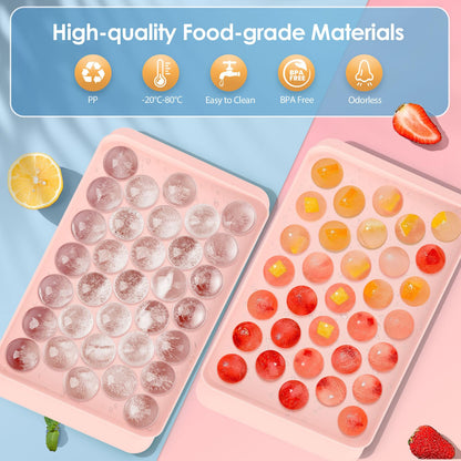 WIBIMEN Round Ice Cube Tray, 2.5 cm x 66-Piece Ice Cube Tray for Freezer with Container, Mini Circular Ice Cube Tray, Sphere Shape, Ice Cooling, Tea and Coffee (Pink)