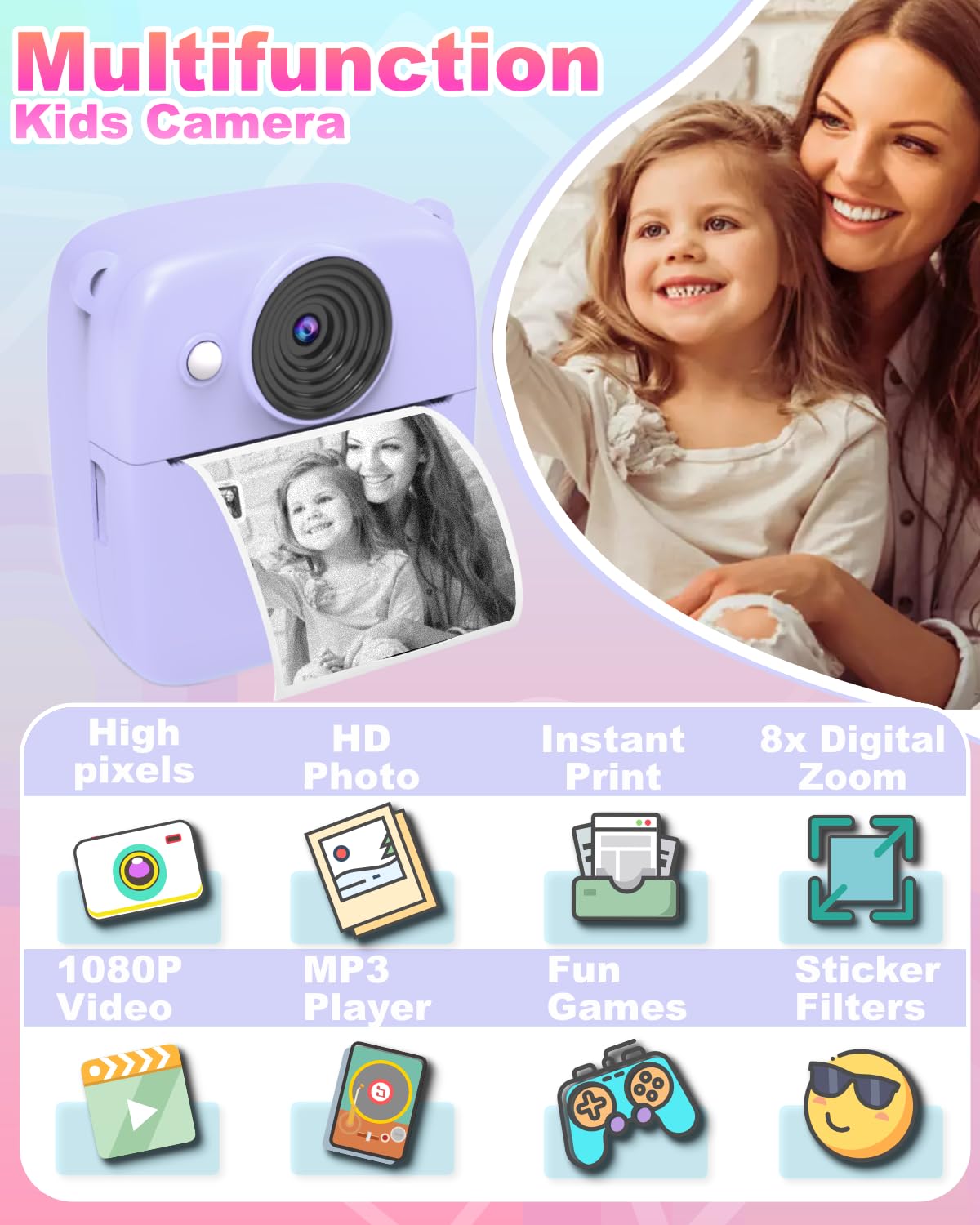 NUOTUN Instant Camera for Kids, Kids Camera with Printing Photos, 2.0 Inch HD Screen, 8X Zoom, 1080P Digital Camera with Printing Paper & Card, Kids Camera Gift for Girls & Boys 3-12 Years Old (Purple)