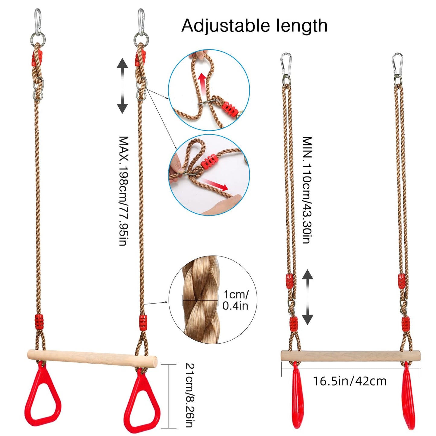 PELLOR Multifunctional Kids Wooden Trapeze Swing with Plastic Gymnastic Rings for Hanging, supports up to 160KG, Red.