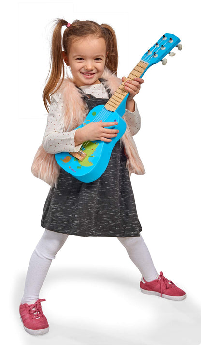 Squirrel - Guitar for Kids - Blue children's guitar, tunable nylon strings, wooden toy, with dinosaur, wooden guitar for boys and girls from 3 years old.