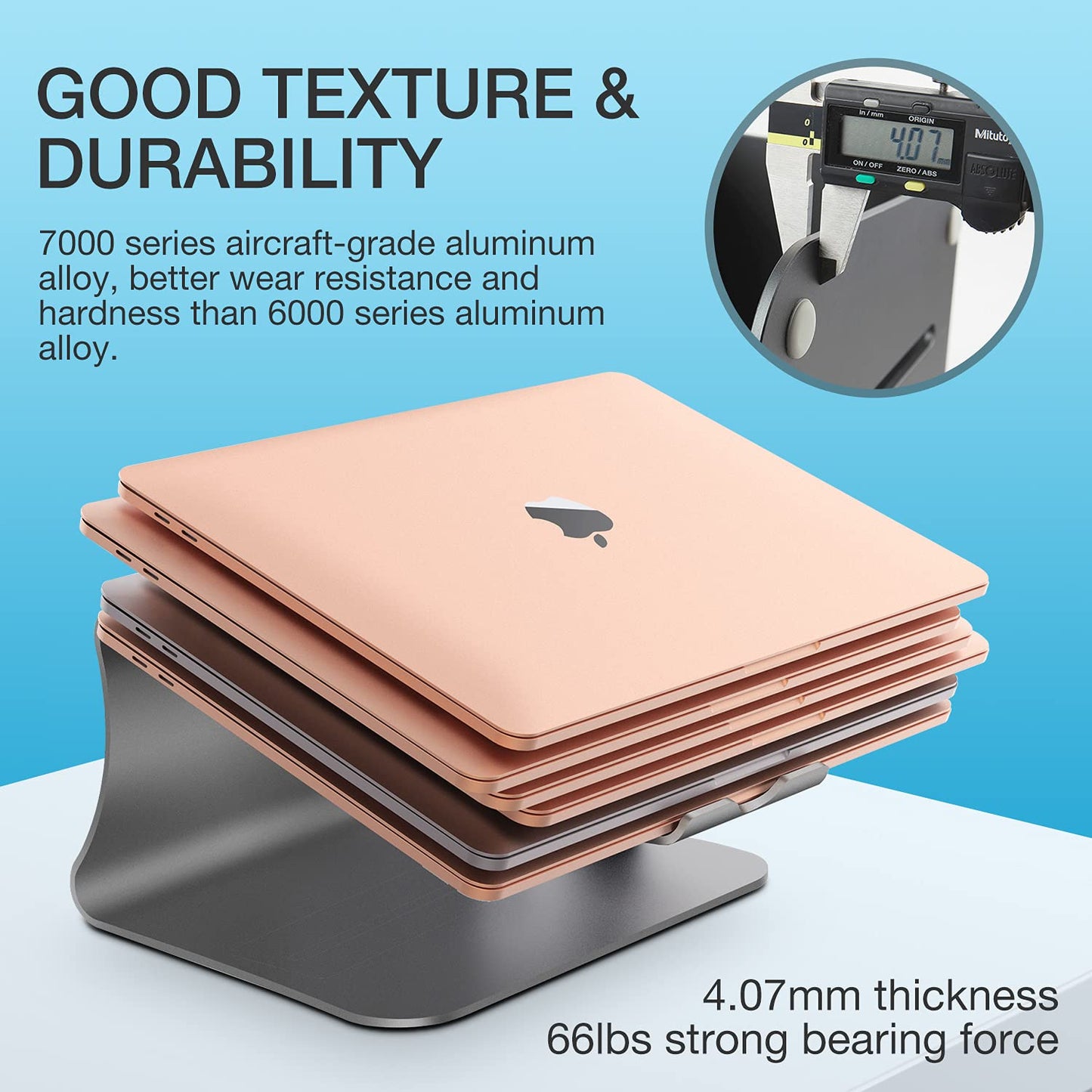 Laptop stand, aluminum notebook holder, heat vent for MacBook Air/Pro, Dell, HP, Lenovo, Microsoft Surface, Samsung 11-16 inch notebooks, gray (patented)