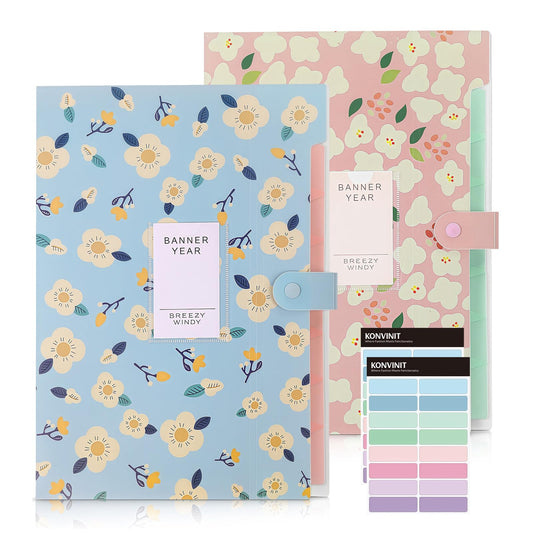 KONVINIT A4 expanding file folder with 7 compartments, floral design. Portable organizer for school, home, work, or office. Comes with labels. Set of 2.