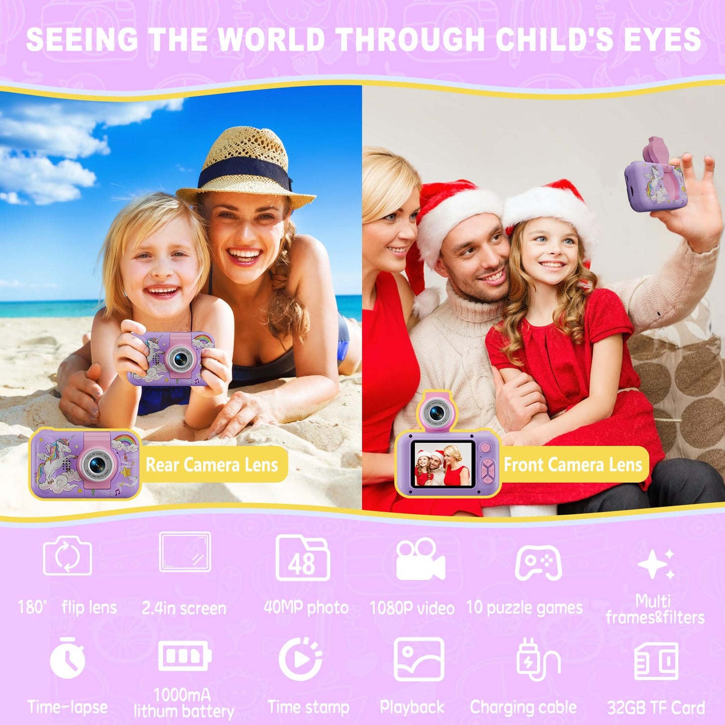 ARNSIEN Children's Camera Toy for 3-12 Year Old Girls/Boys,Christmas Birthday Party Gift for Kids Camera,Video Selfie Digital Camera with 32GB TF Card,X101H