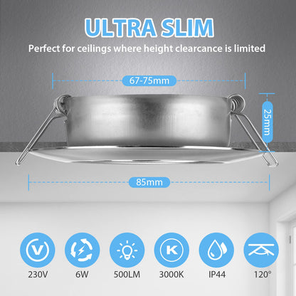 LED recessed spotlights 230V Flat Dimmable, 3-stage spots, 6W IP44 Bathroom recessed ceiling lights Ceiling spots, Warm White 3000K Swivel Recessed spotlights for bathroom kitchen living room, 6-piece set