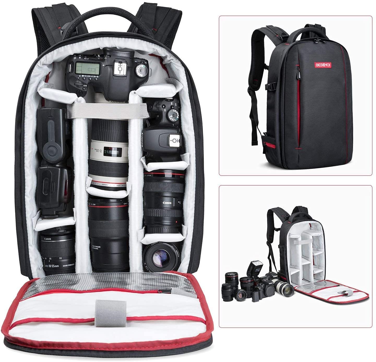 Beschoi Camera Backpack Waterproof Bag with Laptop Compartment for Canon Sony Nikon Olympus SLR/DSLR Camera, Lens and Accessories, Large (Black)