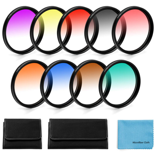 Set of 9 graduated color filters for Canon Nikon Sony Pentax Olympus Fuji DSLR camera + lens filter case + cleaning cloth.