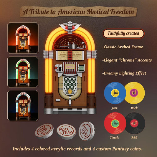 PANTASY Retro Jukebox building set with coin & sound function. Mechanical Music Box model with acrylic records, recording studio & minifigure. Collector set as a gift for adults and teenagers.