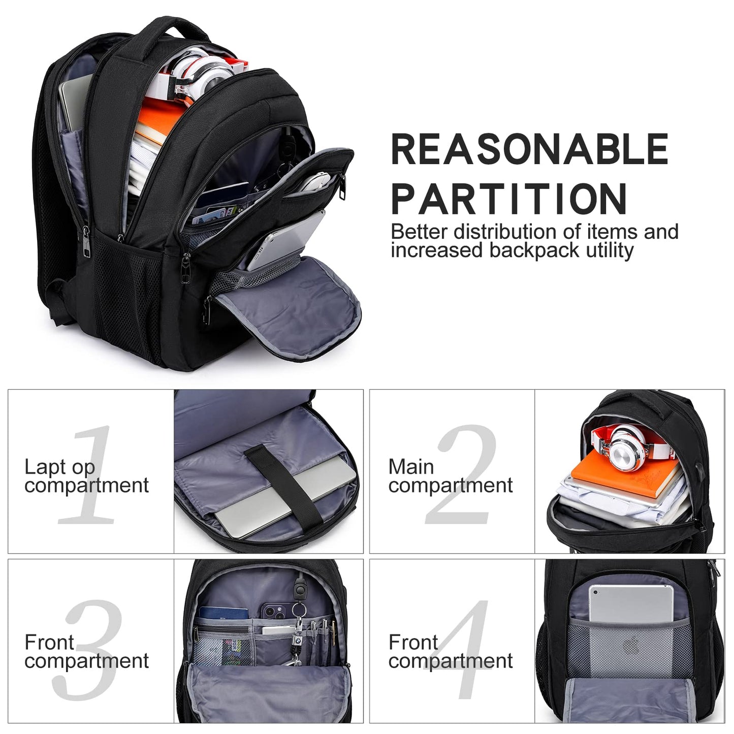 Liokesa backpack for men, 15.6 inch laptop backpack for men, school backpack for teenage boys with USB charging port for business work backpack, for college travel, work, school, black
