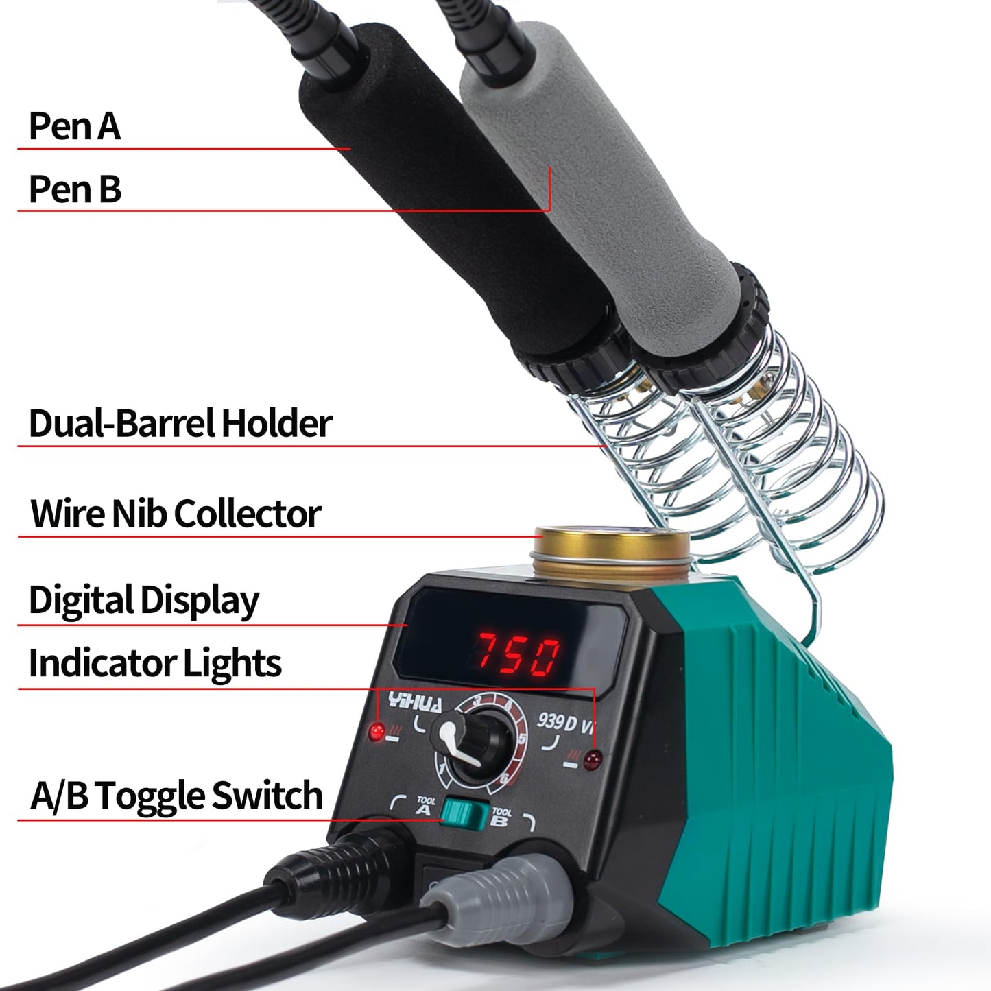 YIHUA 939D-VI Dual Pen Wood Burning Pyrography Tool with Digital Display, 20 Wire Tips, removable wood burning pen, 2 wood pieces as pyrography pen and wood burning iron for wood.