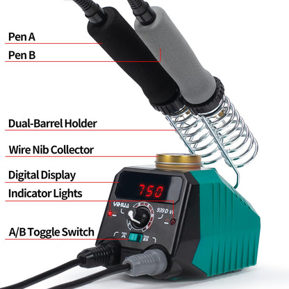 YIHUA 939D-VI Dual Pen Wood Burning Pyrography Tool with Digital Display, 20 Wire Tips, removable wood burning pen, 2 wood pieces as pyrography pen and wood burning iron for wood.