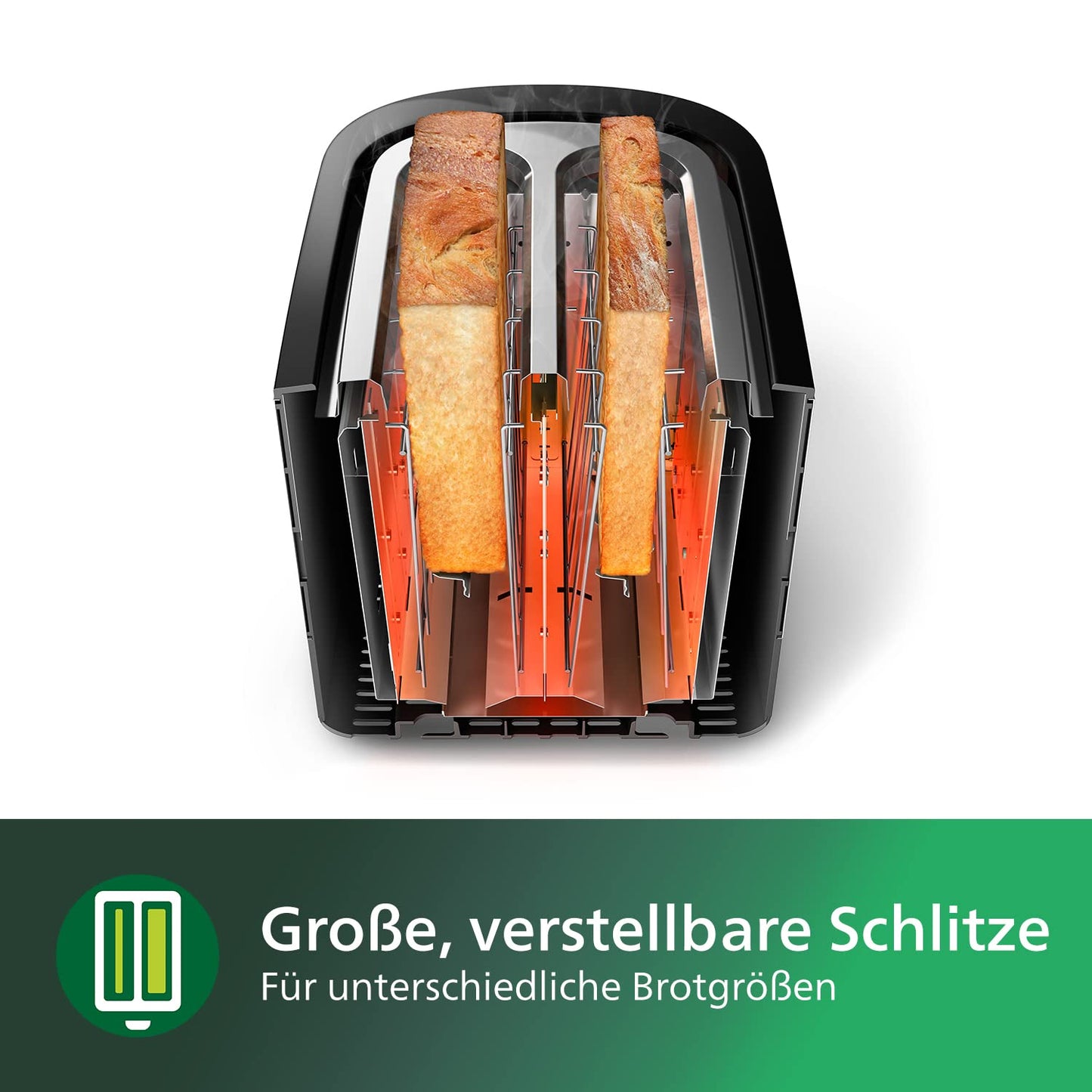 Philips Toaster - 2 toast slots, 8 settings, bun warmer, defrost function, lift function, automatic shut-off, black (HD2581/90)