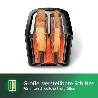 Philips Toaster - 2 toast slots, 8 settings, bun warmer, defrost function, lift function, automatic shut-off, black (HD2581/90)