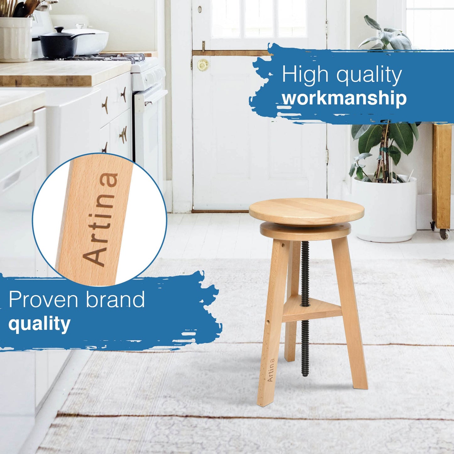 Artina Artist Stool Arles Ø 30 cm Seat Swivel Stool Wood Adjustable Height 48-66cm - Artist Stool round 360 degrees swivel & sturdy, Beech Wood, Artist Swivel Chair & Workshop Stool