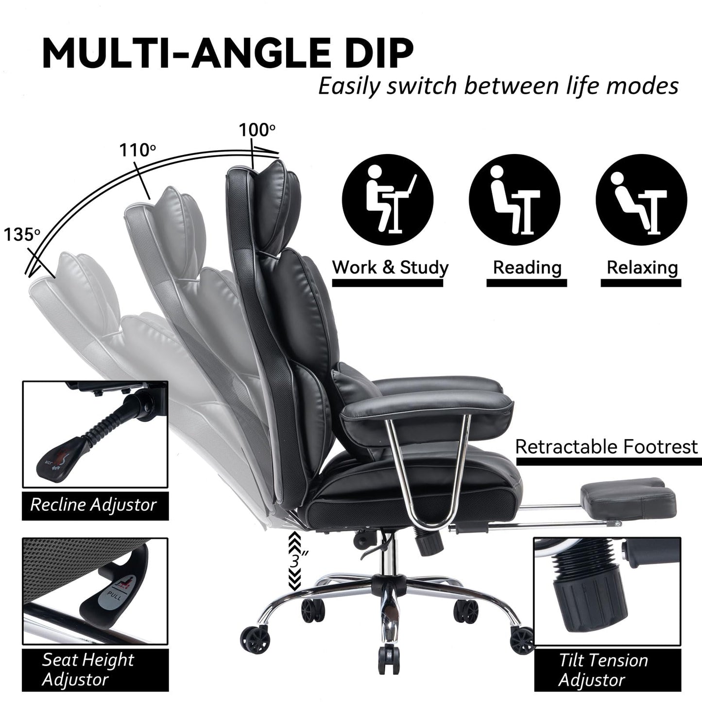 Efomao ergonomic office chair, PU leather executive chair, office chair 200 kg with footrest and lumbar support, Adjustable high back chair, Black