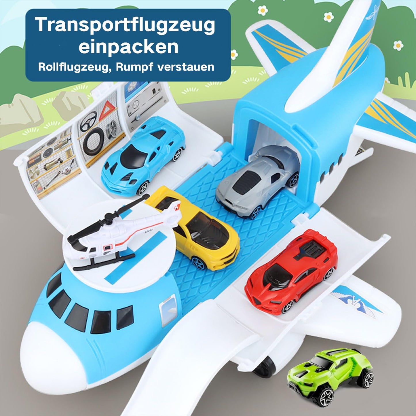 Chinliengu Toy Airplane with 5 Cars & Helicopter Big Airport Set without battery for ages 3+ Learning toy for parent-child, Durable transport toys (Safe gift)