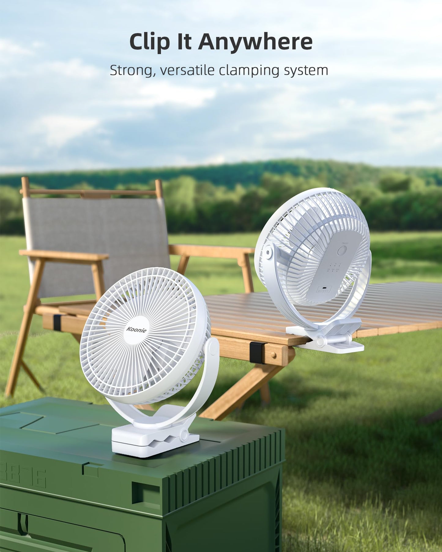 Koonie 20cm Portable Clip-On Fan, USB Table Fan with 10,000mAh Battery, 4 Speeds, Rechargeable Table Fan for Home, Office, Stroller, Camping (White)