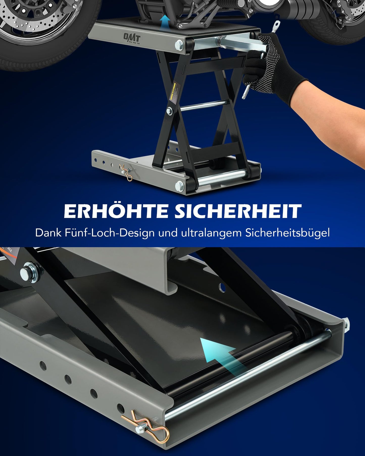 Orion Motor Tech motorcycle lift, height adjustable from 95-370mm, with a weight capacity of 500kg/1100 lbs. Ideal for motorcycle maintenance, this gray scissor lift stand is perfect for bike repairs.