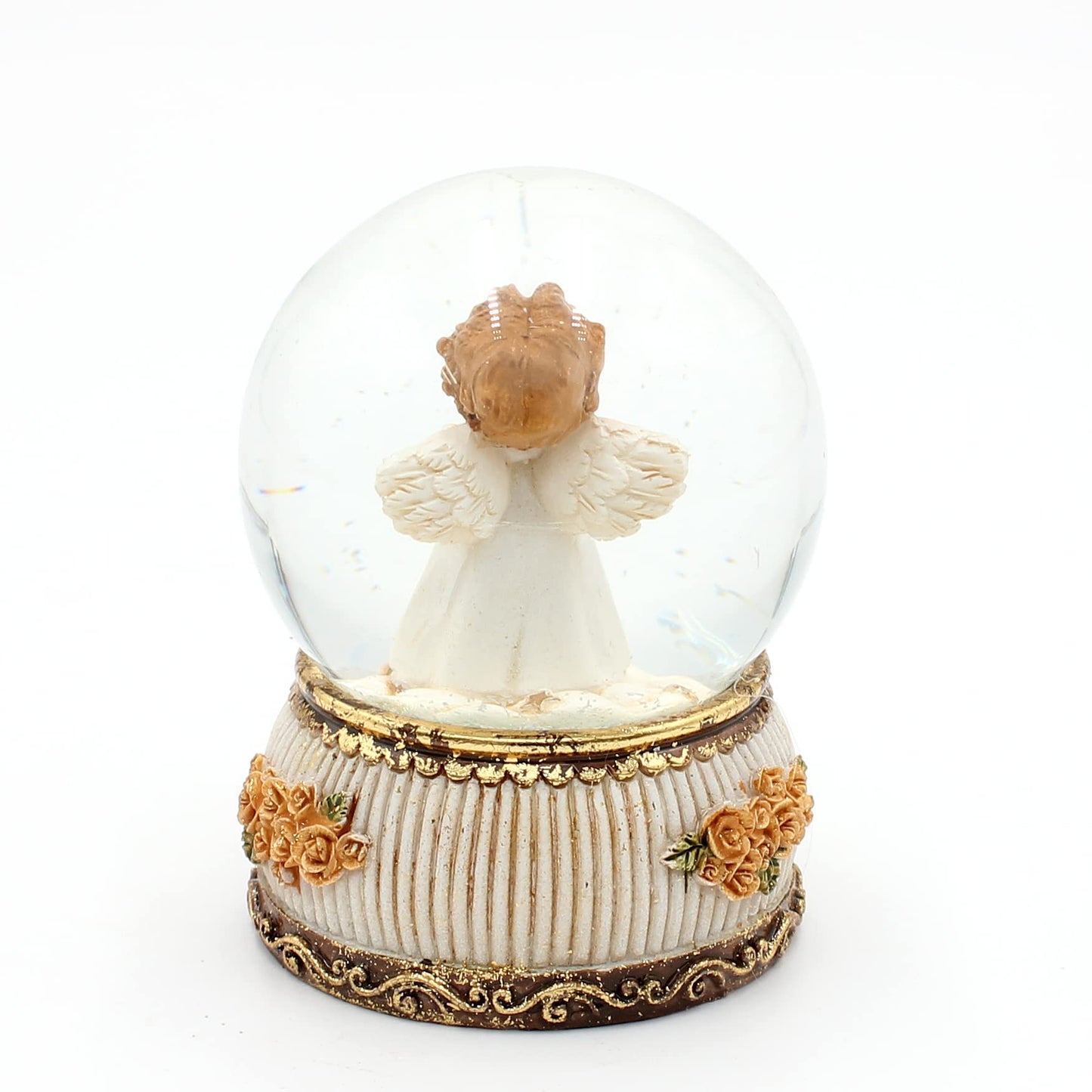 Snow globe/shake ball standing angel with star in hand, antique base with roses, size L/W/H approx. 8 x 6.5 x 8 cm, Ø ball 6 cm.