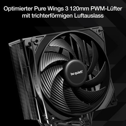 be quiet! Pure Rock 3 Black air cooler, very high cooling performance, 4 high-performance heat pipes with HDT technology, optimized Pure Wings 3 120mm PWM fan, pre-installed mounting bracket.