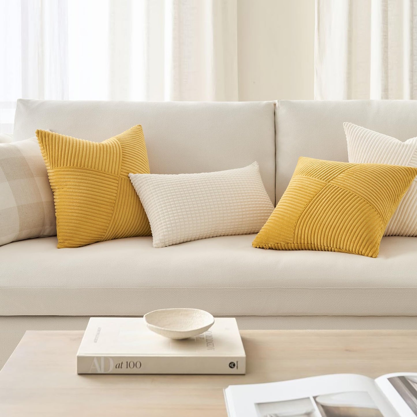 Topfinel Pillow Cover 24x24 Yellow Corduroy 2-Pack Windmill Striped Pillowcases Cushion Cover Decorative Throw Pillow Case Patchwork Design for Living Room Bedroom Couch
