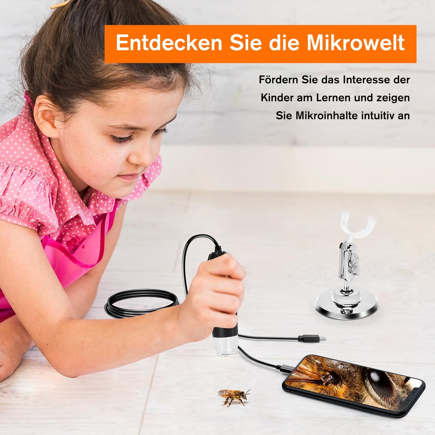 WADEO Digital Microscope, USB microscope 1440P HD with 50X-1600X magnification, Portable Inspection Camera WiFi-free, Wired Hand Microscope with 8 LED and Stand, compatible with iOS, Android, and tablets.