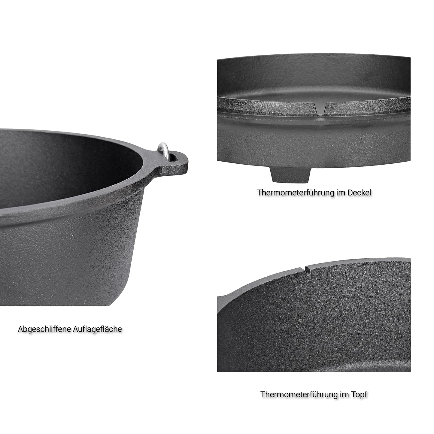 TP Premium BBQ Dutch Oven Tripod Set, 7-piece with fire pot, tripod, cast iron pan, grill grate including grill accessories and wooden box, ideal as a gift set.