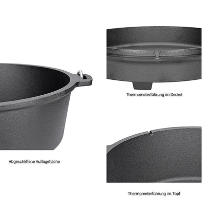TP Premium BBQ Dutch Oven Tripod Set, 7-piece with fire pot, tripod, cast iron pan, grill grate including grill accessories and wooden box, ideal as a gift set.