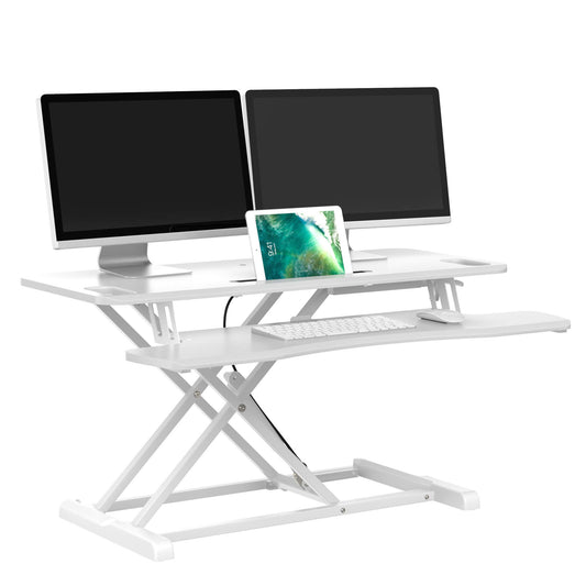 bonVIVO Sit-Stand Workstation, adjustable desk attachment with integrated gas spring for office desks & computer tables, standing desk converter in white color.