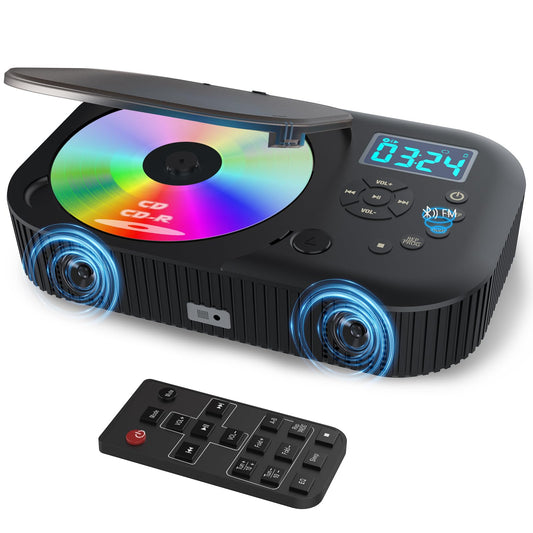 MONODEAL portable CD player with two stereo speakers, Bluetooth, and radio. Rechargeable Discman CD player, supports AUX/USB.