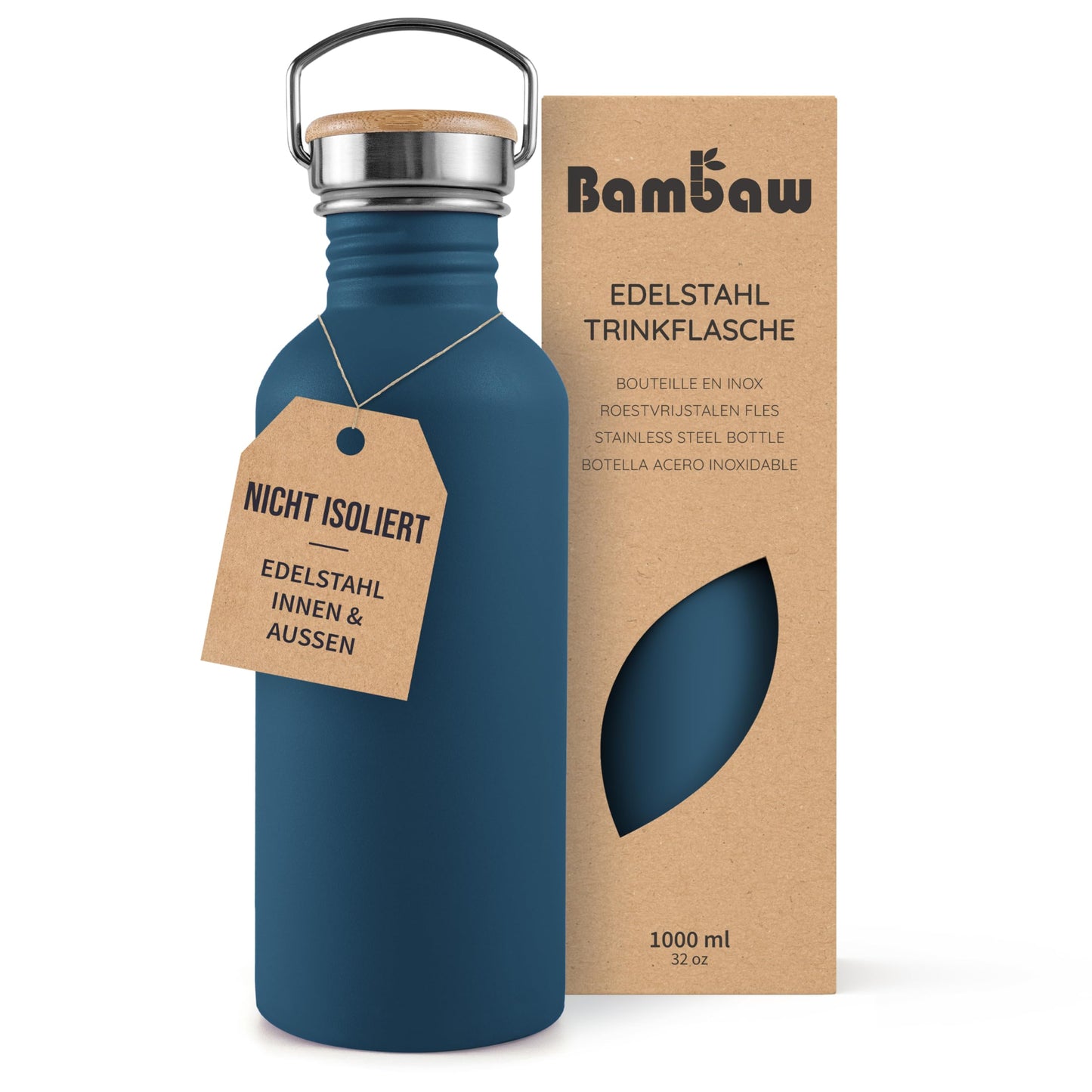 Bambaw 1l Stainless Steel Water Bottle, Non-Insulated Blue Drinking Bottle, BPA-Free 1l Water Bottle, 1l Hiking Bottle, 1l Metal Bottle - Azure Blue