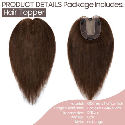 Silk-co Hair Topper made of real hair, 10x12cm base for women, hair topper with Remy silk base, clip-in hairpiece extensions, 45cm04# medium brown.