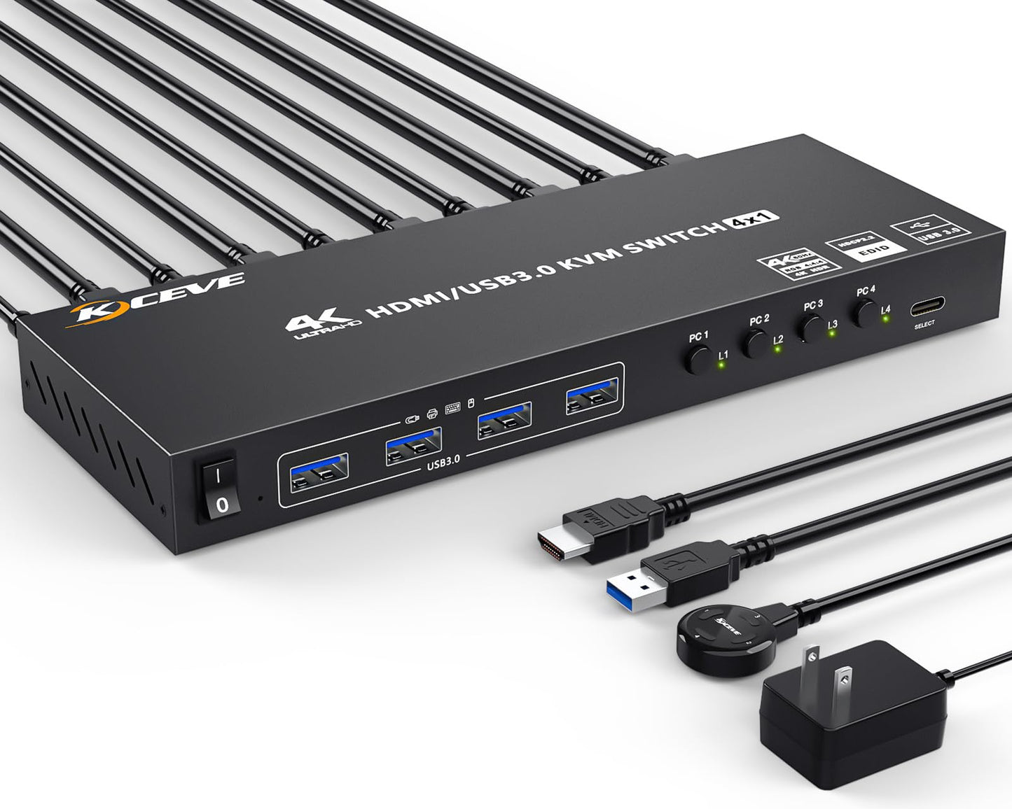 USB 3.0 KVM Switch HDMI 4 Port, 4K@60Hz Edid Emulation KVM Switch allows 4 PCs to share 1 monitor and 4 USB 3.0 devices. Comes with Wired Remote and 12V Power Adapter.